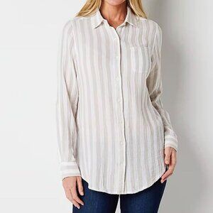 New St. John's Bay Long Sleeve Button-Down Shirt, Whie/Tan Stripe, XL, 2XL